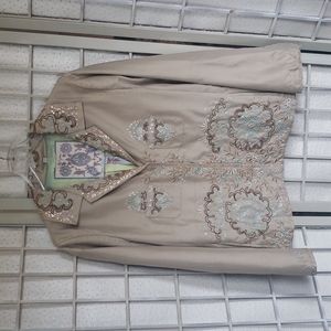 Biya by Johnny Was embroidery and sequin metallic beige button down  jack…